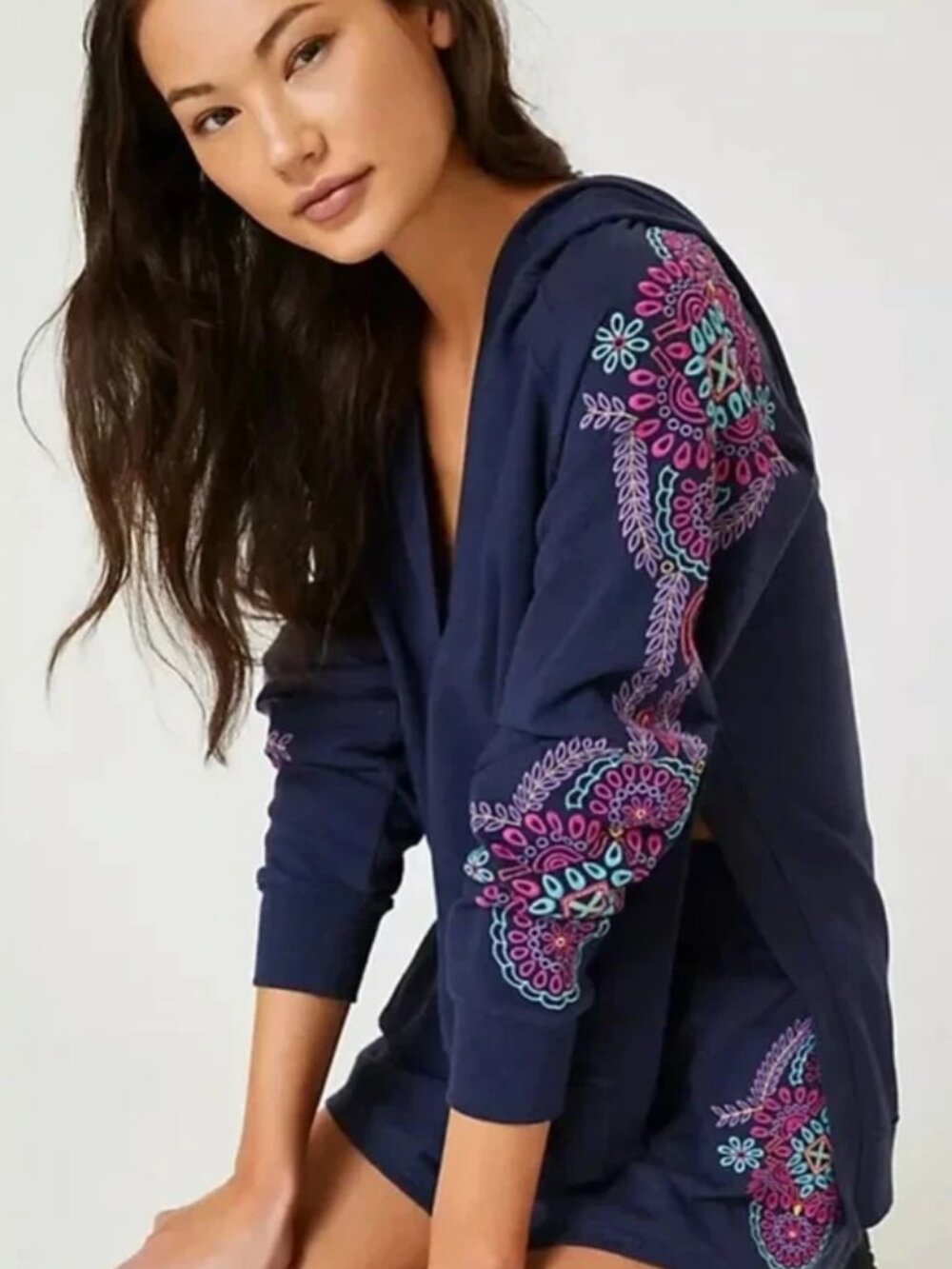 Daily Practice by Anthropologie Embroidered Navy Hoodie Long Sleeve Top S